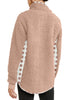 Back view of model wearing blush split cowl neck plaid fleece sweater top