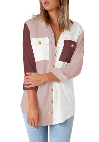 Purple Color Block Long Cuffed Sleeves Lapel Button-Up Blouse