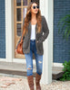 Full front view of  model wearing dark grey button down melange waffle knit hooded cardigan