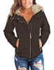 Dark Brown Women Casual Faux Fur Lapel Zip Pockets Quilted Parka Jacket Puffer Coat