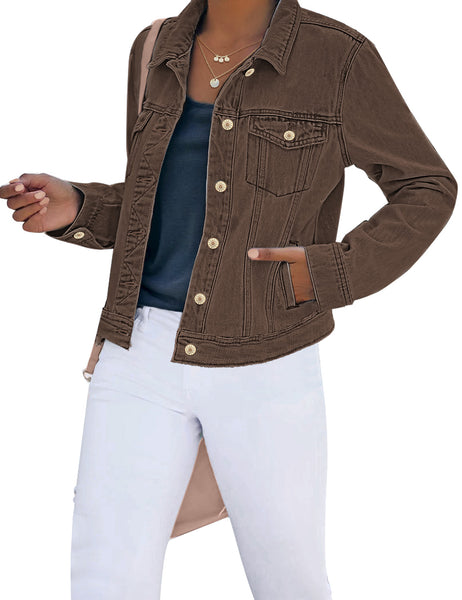 Mustang brown Women's Basic Long Sleeves Button Down Fitted Denim Jean Jacket