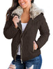 Dark Brown Women Casual Faux Fur Lapel Zip Pockets Quilted Parka Jacket Puffer Coat