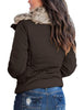 Dark Brown Women Casual Faux Fur Lapel Zip Pockets Quilted Parka Jacket Puffer Coat