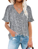 Pretty model wearing white trim short sleeves printed V-neck button-down top