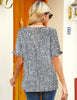 Back view of model wearing white trim short sleeves printed V-neck button-down top