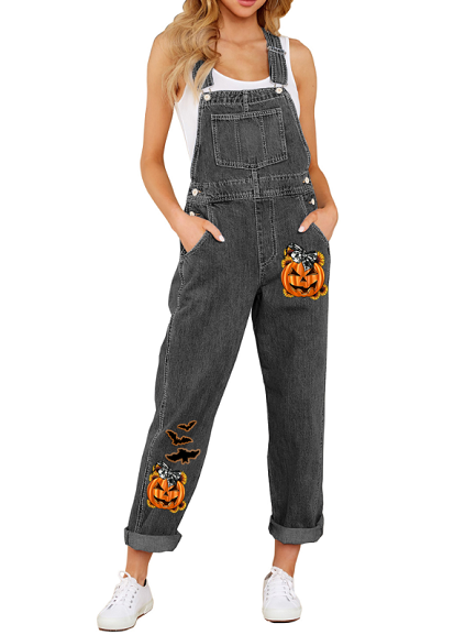 Model wearing dark grey halloween boyfriend jeans denim bib overalls