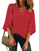 Fiery Red Women's Casual V Neck Mesh Panel Blouse Tops 3/4 Bell Sleeve Shirt
