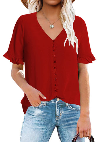 Red Ruffle Trim Short Sleeves V-Neck Button-Down Top