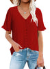 Model wearing red ruffle trim short sleeves V-neck button-down top