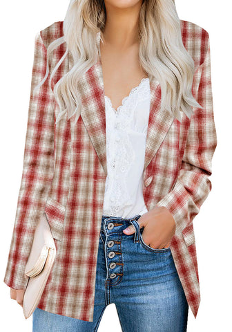 Red Plaid Casual Work Office Pockets Blazer