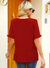 Back view of model wearing red ruffle trim short sleeves V-neck button-down top