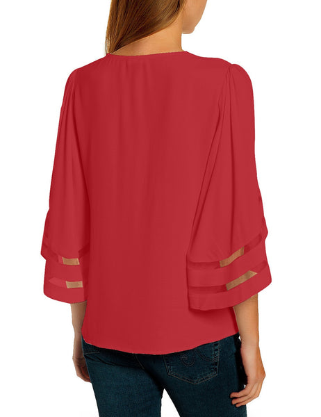 Fiery Red Women's Casual V Neck Mesh Panel Blouse Tops 3/4 Bell Sleeve Shirt