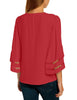 Fiery Red Women's Casual V Neck Mesh Panel Blouse Tops 3/4 Bell Sleeve Shirt
