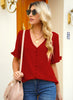 Front view of model wearing red ruffle trim short sleeves V-neck button-down top