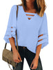 Hydrangea Purple Blue Women's Casual V Neck Mesh Panel Blouse Tops 3/4 Bell Sleeve Shirt