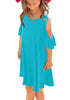 Front view of model wearing sky blue cold-shoulder short sleeves girl tunic dress