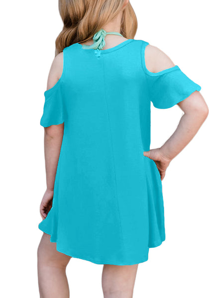 Back view of model wearing sky blue cold-shoulder short sleeves girl tunic dress