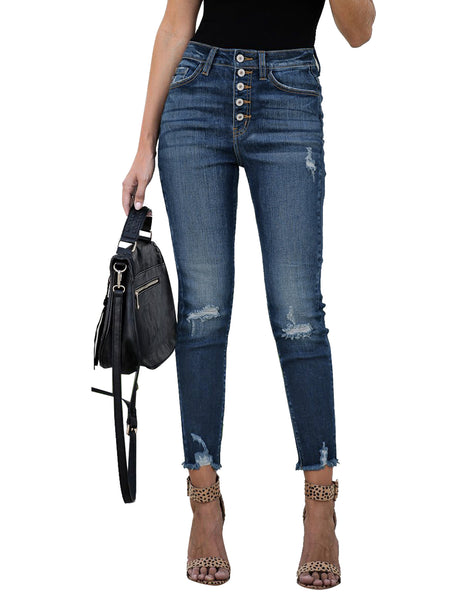 Front view of model wearing blue high-waist button-up frayed raw hem ripped cropped jeans