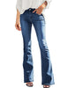 Front view of model wearing blue mid-waist wide leg flared denim jeans