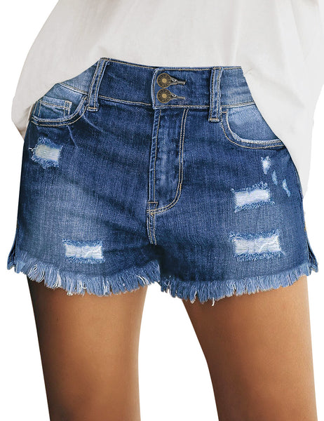 Model poses wearing dark blue double button frayed hem ripped denim shorts