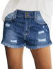 Model poses wearing dark blue double button frayed hem ripped denim shorts