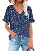 Pretty model wearing blue trim short sleeves printed V-neck button-down top