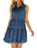 Model poses wearing dark blue button down collar sleeveless tiered denim dress