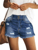 Model wearing dark blue double button frayed hem ripped denim shorts