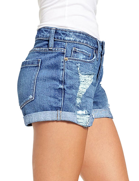 Women's High Waisted Rolled Hem Distressed Jeans Ripped Denim Shorts