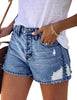 Side view of model wearing Deep Blue Mid-Waist Distressed Washed Denim Shorts