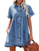 Reef Blue Women's Short Sleeve Button Down Flowy Tiered Babydoll Denim Dress