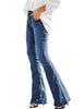 Side view of model wearing blue mid-waist wide leg flared denim jeans