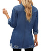 Back view of model wearing white frayed hem distressed button-down denim jacket