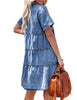 Reef Blue Women's Short Sleeve Button Down Flowy Tiered Babydoll Denim Dress