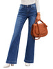 Front view of model wearing dark blue mid-waist stretchable straight leg denim jeans