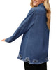 Side view of model wearing white frayed hem distressed button-down denim jacket