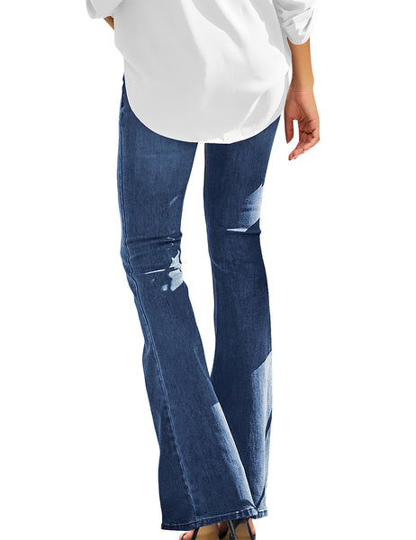 Back view of model wearing blue mid-waist wide leg flared denim jeans