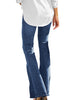 Back view of model wearing blue mid-waist wide leg flared denim jeans