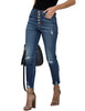 Side view of model wearing blue high-waist button-up frayed raw hem ripped cropped jeans