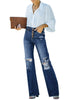 Dark Blue High Waisted Ripped Flare Jeans for Women Distressed Bell Bottom Jeans Wide Leg Pants
