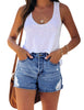 Full view of model wearing Deep Blue Mid-Waist Distressed Washed Denim Shorts