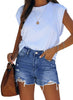 Blue High Waist Ruched Hem Distressed Denim Shorts