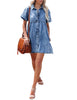 Reef Blue Women's Short Sleeve Button Down Flowy Tiered Babydoll Denim Dress