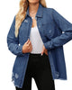 Model wearing white frayed hem distressed button-down denim jacket