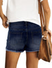Back view of model wearing blue mid-waist raw hem distressed faded denim shorts