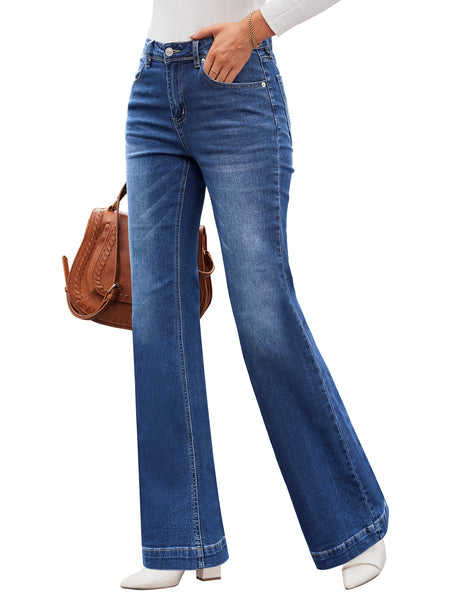 Side view of model wearing dark blue mid-waist stretchable straight leg denim jeans
