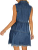 Back view of model wearing dark blue button down collar sleeveless tiered denim dress