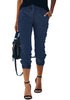 Front view of model wearing deep elastic-waist welt pockets denim jogger pants