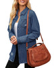 Pretty model wearing white frayed hem distressed button-down denim jacket