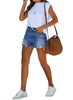 Blue High Waist Ruched Hem Distressed Denim Shorts